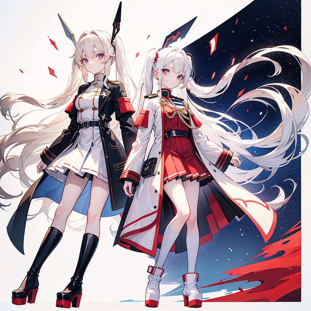 (Whole body), Two girls, (beige hair, red eyes), (white hair, blue eyes), twin tails, long hair, standing, white background, high quality, military uniform, platform boots