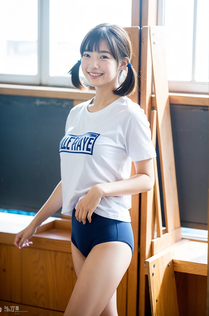 girls walking in sunny wooden school classroom,white school t-shirt with blue trim,navy blue swimming briefs,18-year-old,bangs,a little smile,thighs,knees,short hair with low pigtails bunches,from beside,front light