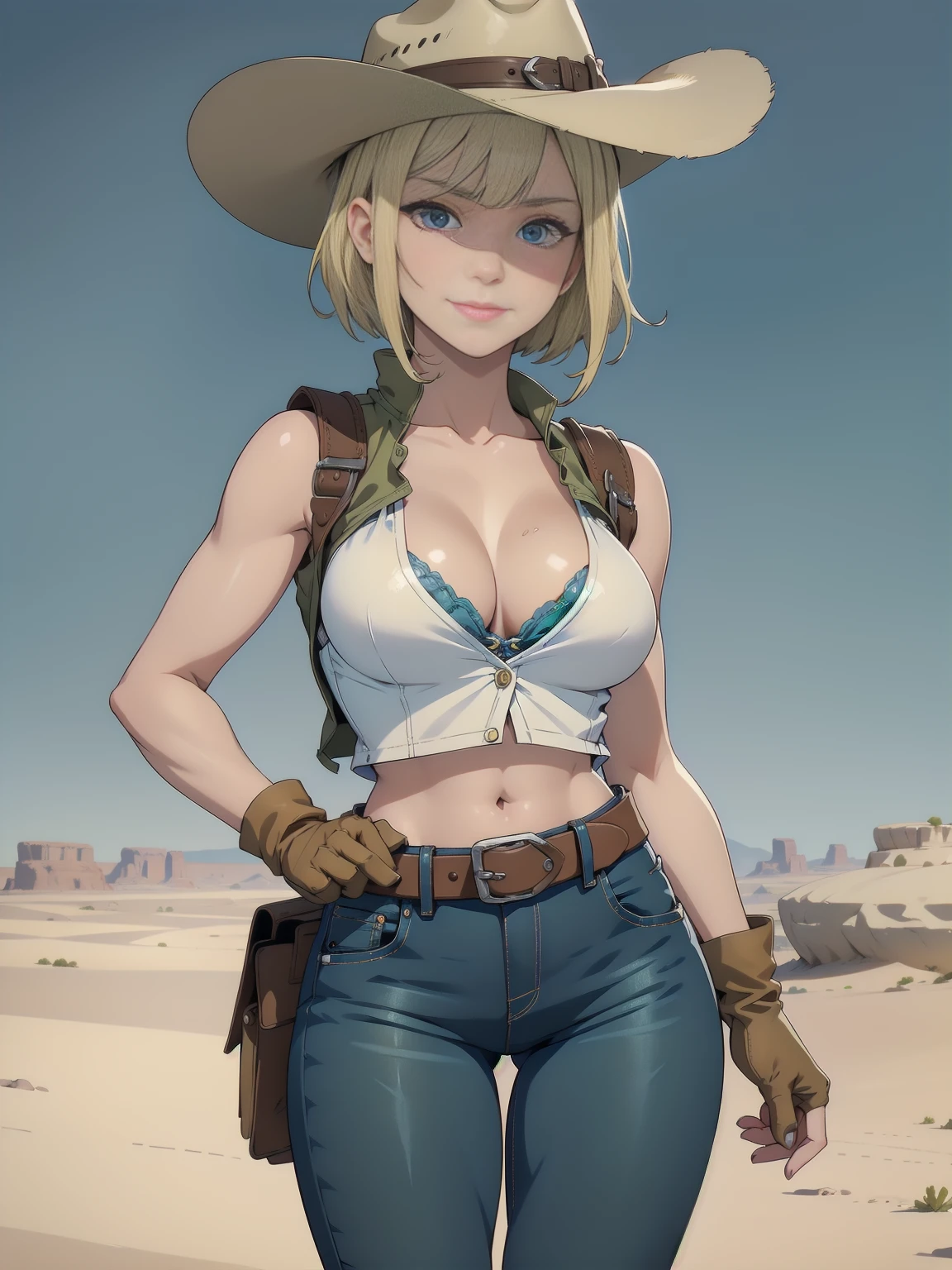 1 girl, cowboy hat, white bra, green vest, sleeveless, へそ, blue jeans, Brown boots, gloves fingerless, short gloves, slightly-smile, shorth hair, hair blonde, parted bangs, blue colored eyes, wart under the right eye, old american west, sunny desert background, waist belt, best qualityer, work of art