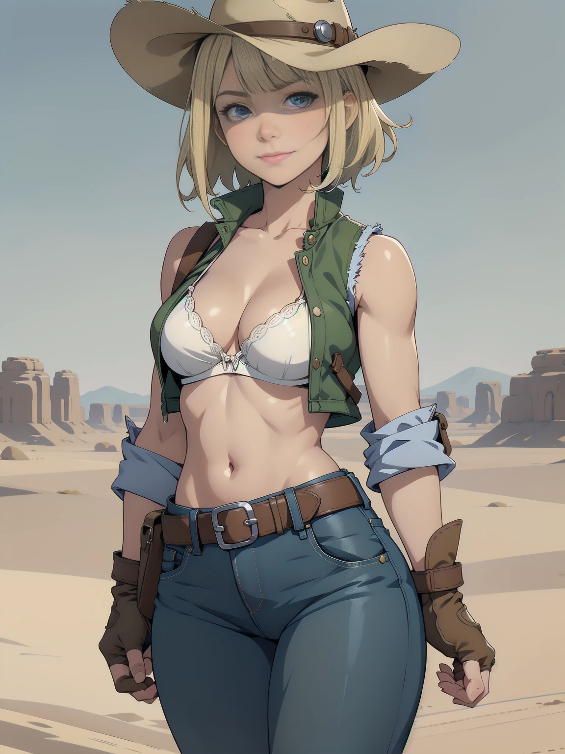 1 girl, cowboy hat, white bra, green vest, sleeveless, へそ, blue jeans, Brown boots, gloves fingerless, short gloves, slightly-smile, shorth hair, hair blonde, parted bangs, blue colored eyes, wart under the right eye, old american west, sunny desert background, waist belt, best qualityer, work of art