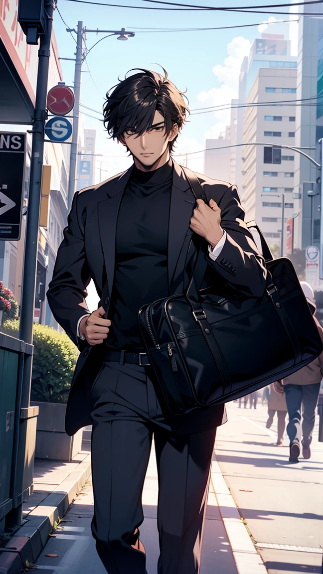 An organizer，television， He was nearby, Anime handsome man,  Looking at the audience, high resolution, Super sharp, 8K, masterpiece，Running to the bus with a briefcase under my arm