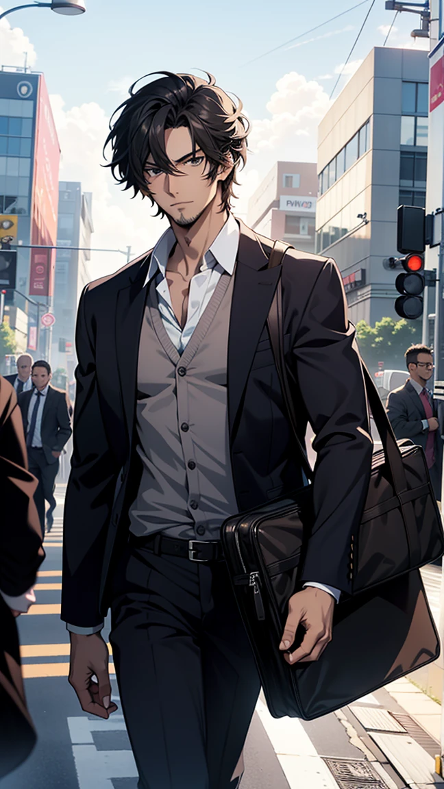 An organizer,television, He was nearby, Anime handsome man, Looking at the audience, high resolution, Super sharp, 8K, masterpiece,Running to the bus with a briefcase under my arm
