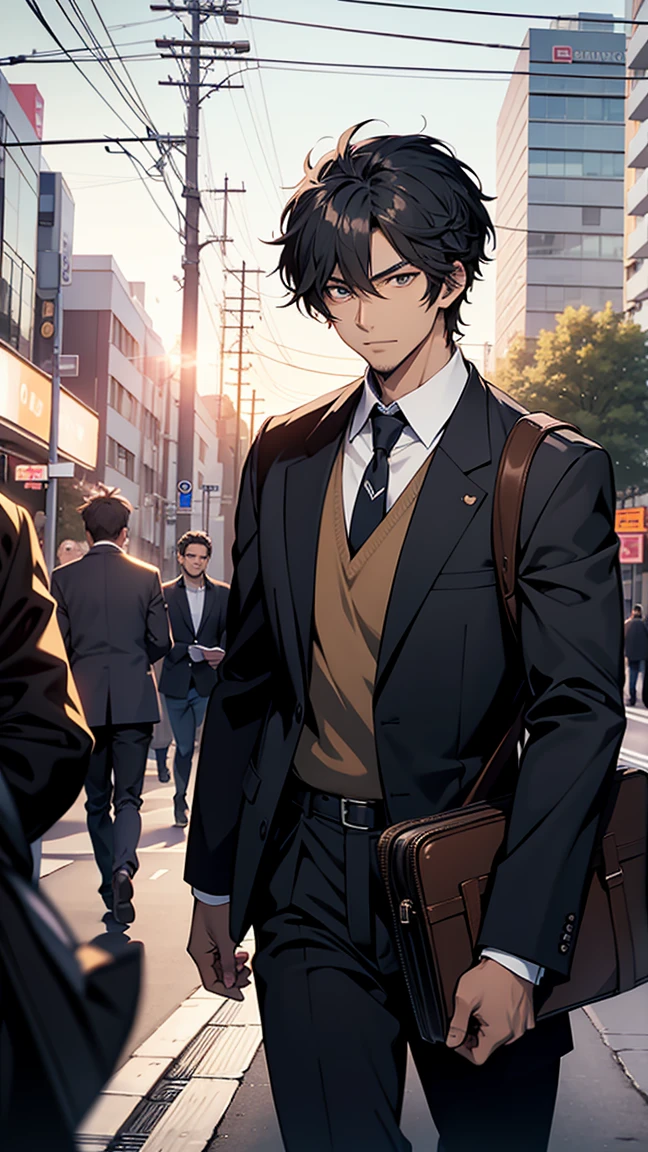 An organizer,television, He was nearby, Anime handsome man, Looking at the audience, high resolution, Super sharp, 8K, masterpiece,Running to the bus with a briefcase under my arm
