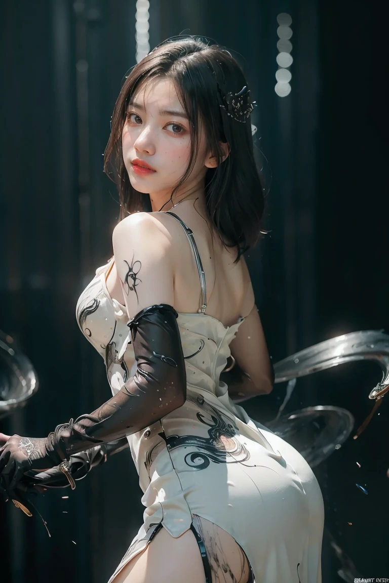 ((masterpiece, best quality)), ultra detailed 8k, photorealistic, sharp focus, highly detailed, professional lighting , shadowmancer, photo of a woman, ink particle, ((swirling black ink floating around)), futuristic fantasy, futuristic white dress, dynamic pose, realistic, masterpiece, intricate details, detailed background, depth of field,
