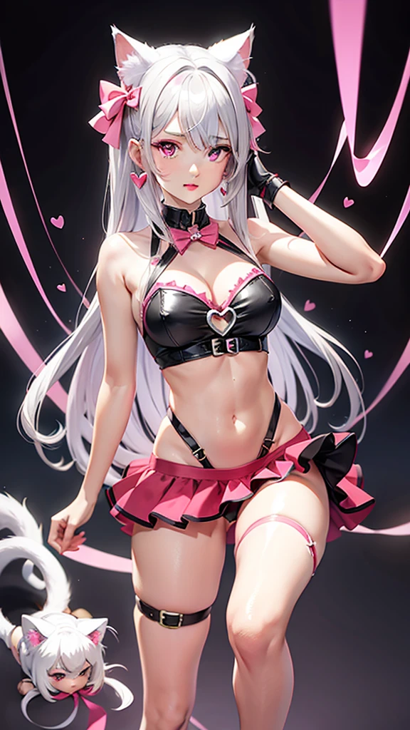 Silver hair, pink eyes, body, cat ears, sexy girl, earrings, heart background fantasy, red pink uniform, hair bow