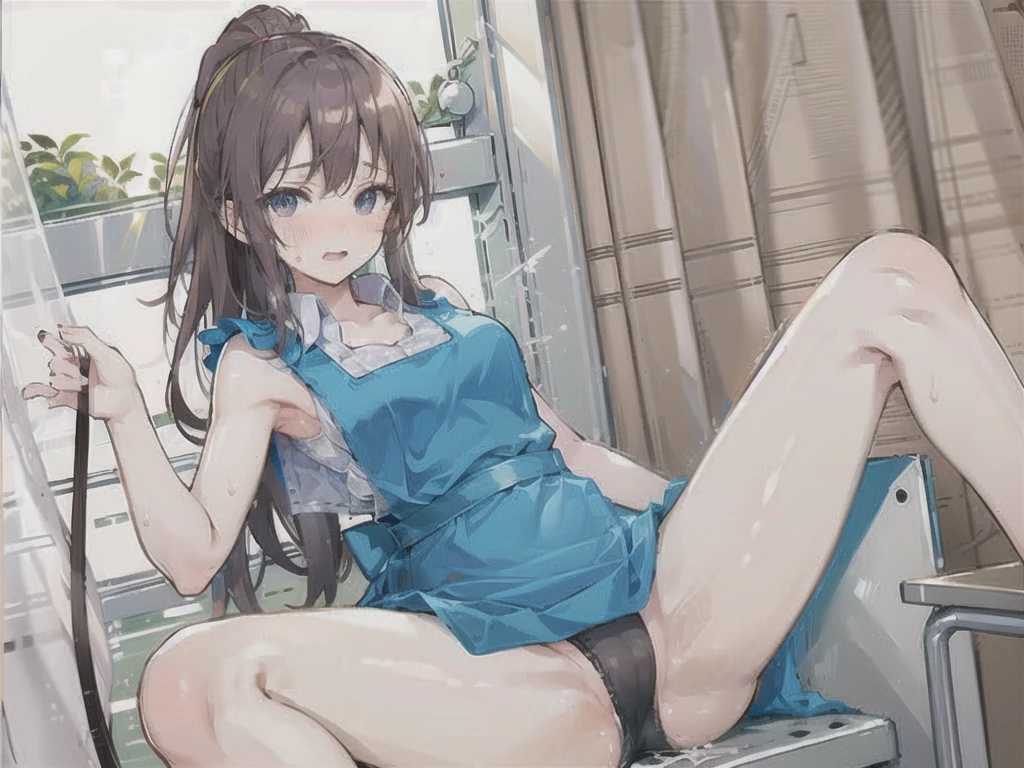Cute Girls, Lifting the apron,  Spread your legs and show your panties, Purple panties, Show off smooth armpits, Sweaty body, ponytail, Brown Hair, Embarrassed look, light Purple panties, Detailed panties, In front of the classroom, Semen-covered body, Wet body, Cover your face , Unbuttoned shirt, Small cleavage 