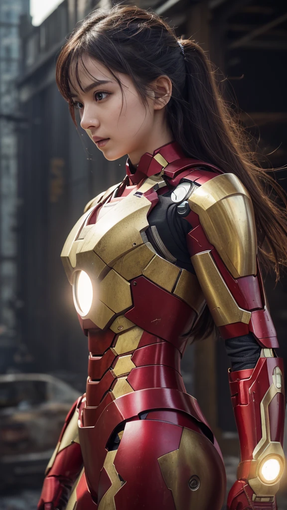 (One girl:1.3), alone,__Body parts__, Official Art, unity 8k wallpaper, Super detailed, beautiful and aesthetic, beautiful, masterpiece, 最high quality, born, masterpiece, Ultra HD Photos,, 最high quality, Ultra-high resolution, Realistic, sunlight, Full body portrait, stunningly beautiful,, Dynamic pose, Delicate face, Born-again eyes、Eyes in detail, (Side view、Looking back), She is cosplaying as Iron Man, Red and Gold, Highly detailed abandoned warehouse background, Detailed face, Detailed, intricate and busy background, Shiny metallic finish、Messy, nice,, Skin with attention to detail, Realistic skin detail, Detailed pores, Bold composition、Sharp focus, Volumetric fog, 8k Ultra HD, Digital single-lens reflex camera, high quality, Film Grain, , Photorealism, Lomography, A sprawling metropolis in a dystopian future, View from below, translucent