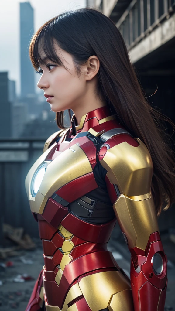 (One girl:1.3), alone,__Body parts__, Official Art, unity 8k wallpaper, Super detailed, beautiful and aesthetic, beautiful, masterpiece, 最high quality, born, masterpiece, Ultra HD Photos,, 最high quality, Ultra-high resolution, Realistic, sunlight, Full body portrait, stunningly beautiful,, Dynamic pose, Delicate face, Born-again eyes、Eyes in detail, (Side view、Looking back), She is cosplaying as Iron Man, Red and Gold, Highly detailed abandoned warehouse background, Detailed face, Detailed, intricate and busy background, Shiny metallic finish、Messy, nice,, Skin with attention to detail, Realistic skin detail, Detailed pores, Bold composition、Sharp focus, Volumetric fog, 8k Ultra HD, Digital single-lens reflex camera, high quality, Film Grain, , Photorealism, Lomography, A sprawling metropolis in a dystopian future, View from below, translucent