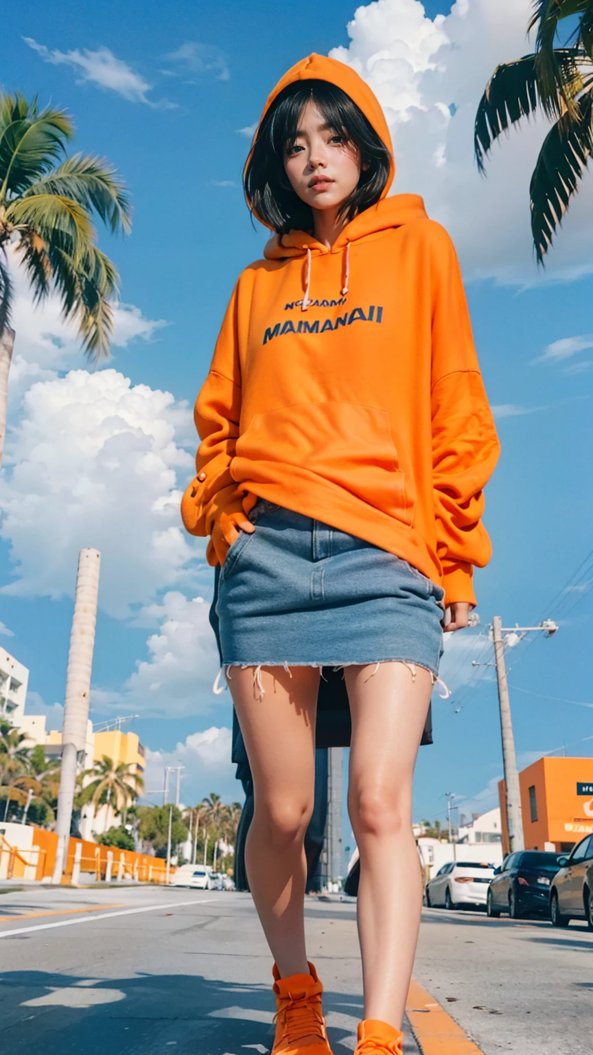 1 girl, beautiful, ultra high resolution,UHD ,black bob hair, almond eye, no makeup,looking camera, wear ((oversized orange hoodie)), ((oversize_hoodie)), peach tennis skirt, walking ((Lincoln Road Miami)),(from below:1.2), (realistic:1.1), (surreal:1.2), (very detailed:1.1), ((masterpiece)), summer, blue sky, (palm trees),sunny, los angles vibes,