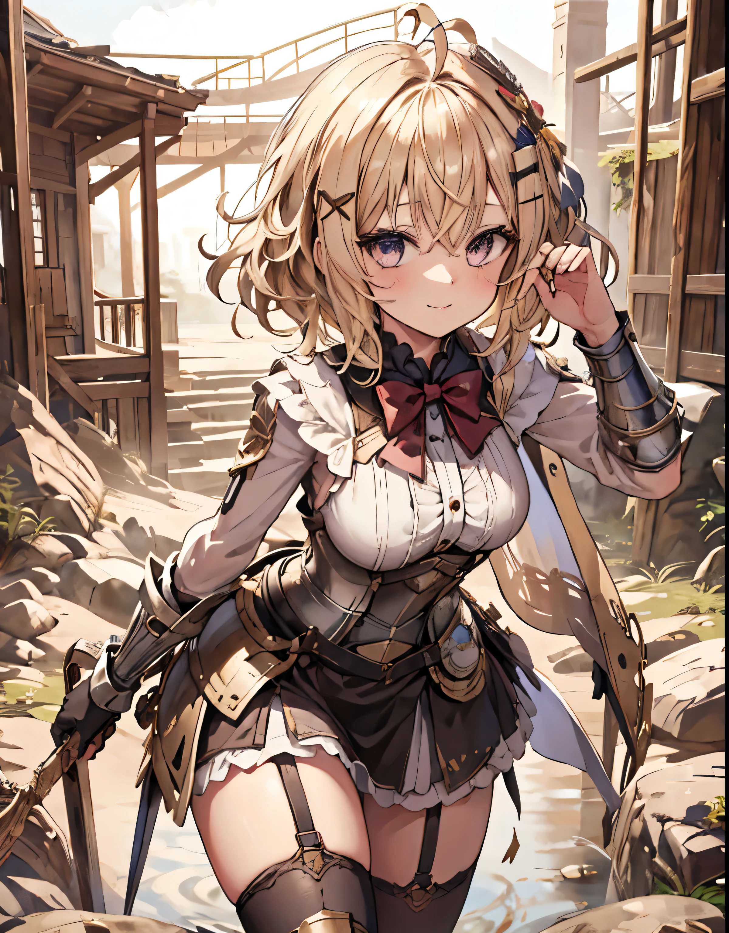 masterpiece, 1girl, sparrow, a blonde haired girl, wearing a full armor, curly short hair, messy hair, slim body, he close her left eye, shirt ornament, ruby eyes, ahoge, baby face, small breast, beautiful breasts, rounded breasts, long sleeves, beautiful eyes, white stocking, droopy eyes, her age is 19 years old, ricefield, bowtie, azusa_bluearchive, lovely face, medium hair, lovely smile, curly hair, knight armor