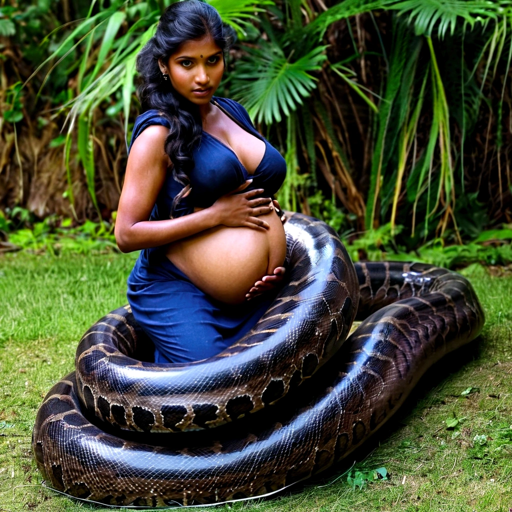 Pregnant Happy Horny, aroused 1girl), beautiful kneeling Indian young girl with giant colossal black titanboa squeezing her hard, wrapped in thick spiraling coils, constricted, struggle, gasping for air, snake attack, snake peril, moonless night, dim light