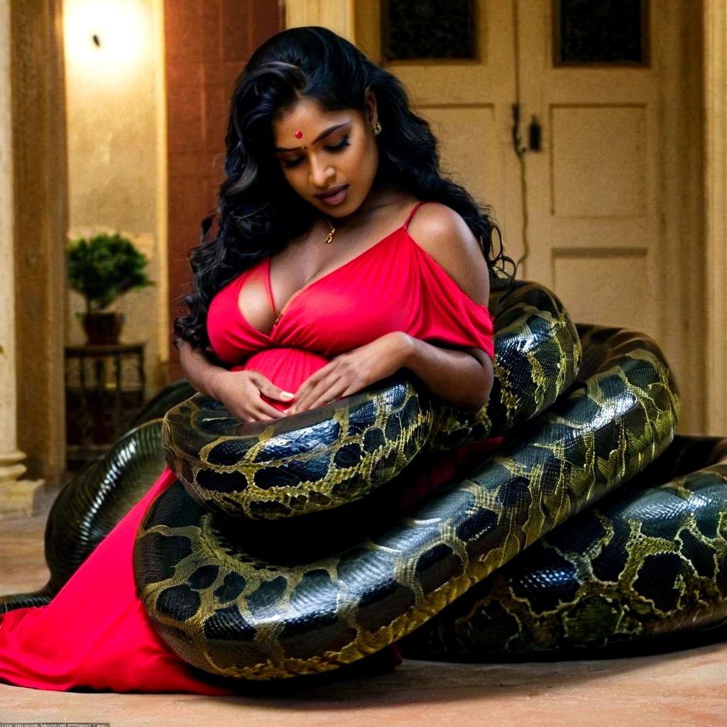 Pregnant  Happy Horny, aroused 1girl), beautiful kneeling Indian  girl  with  giant colossal black titanboa squeezing her hard, wrapped in thick spiraling coils, constricted, struggle, gasping for air, snake attack, snake peril, moonless night, dim light