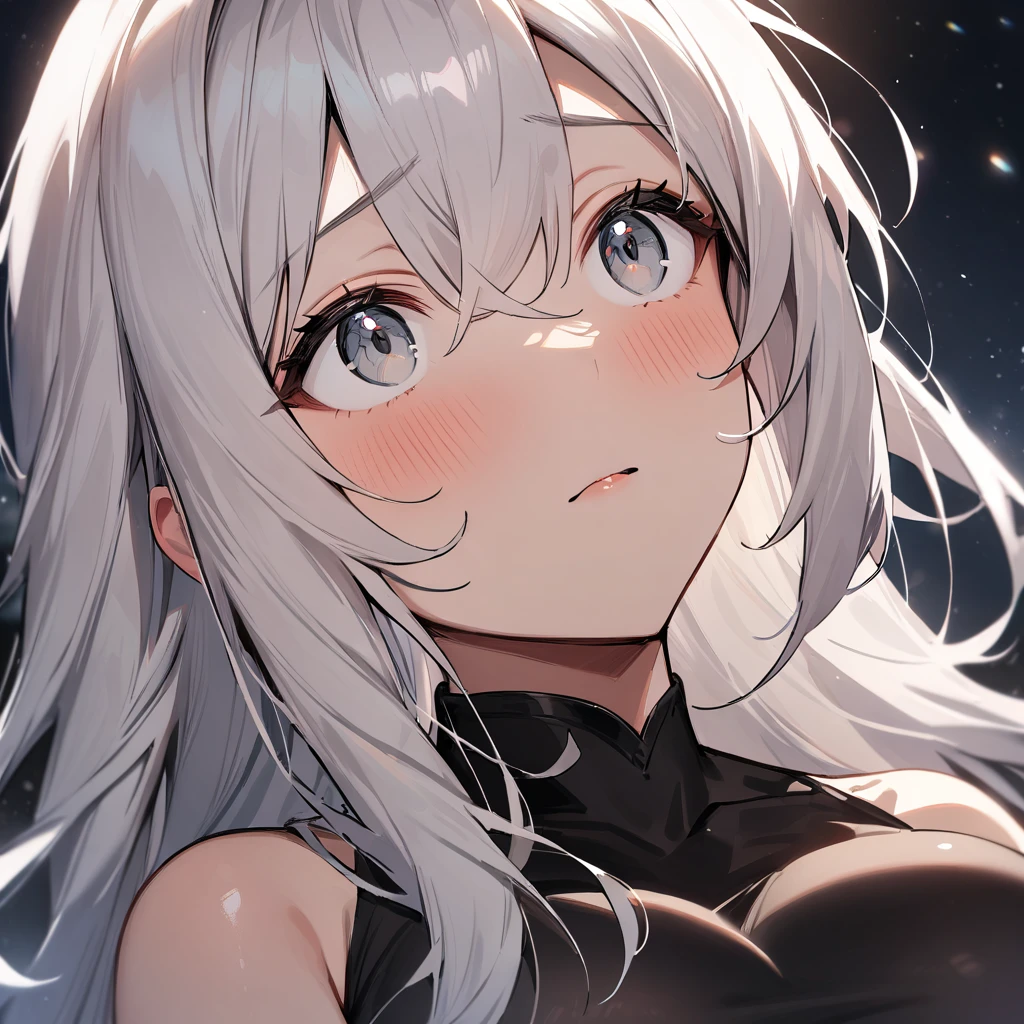 1girl,long hair,White hair,grey eyes,shiny hair,breasts,masterpiece, best quality, very aesthetic, absurdres,looking up