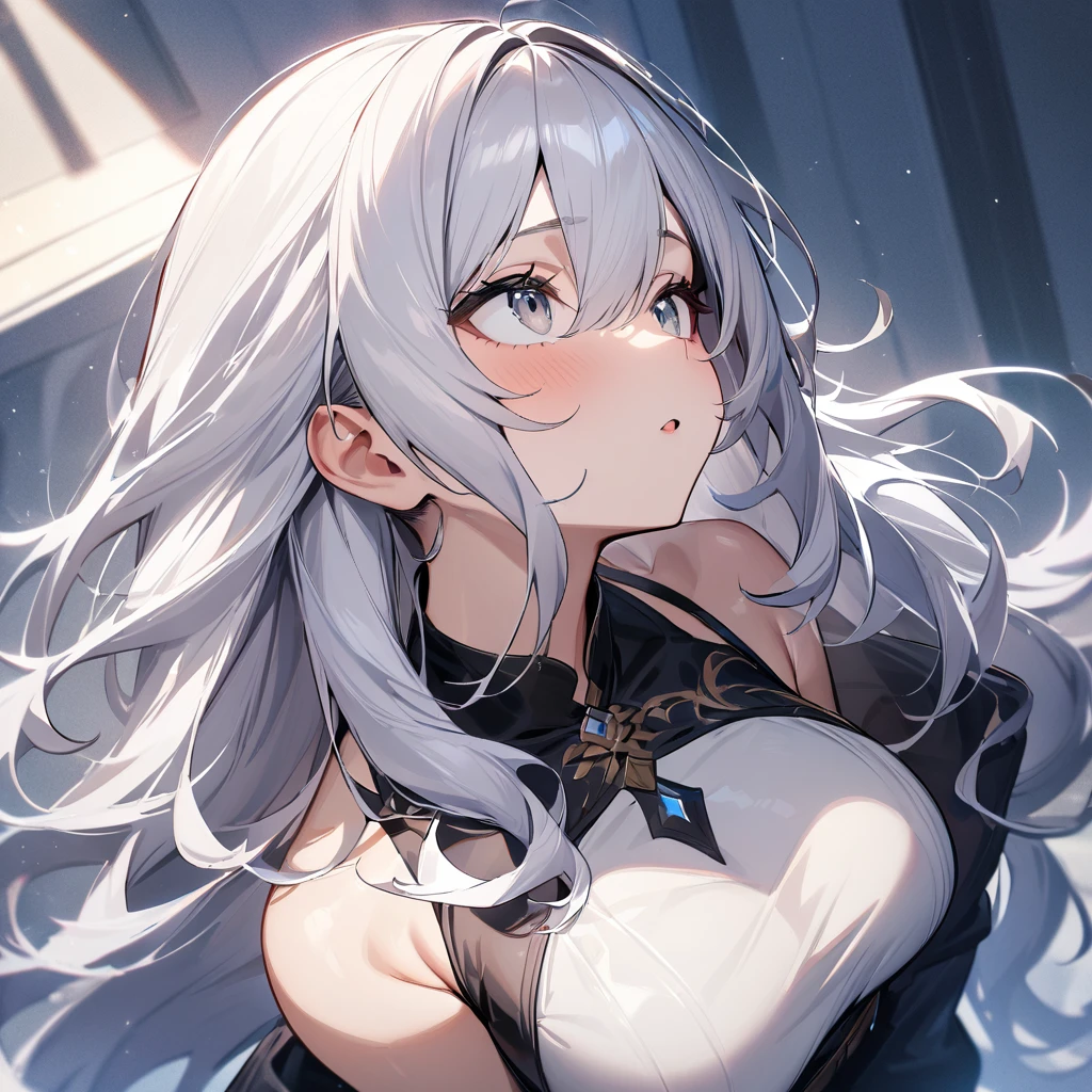 1girl,long hair,White hair,grey eyes,shiny hair,breasts,masterpiece, best quality, very aesthetic, absurdres,looking up