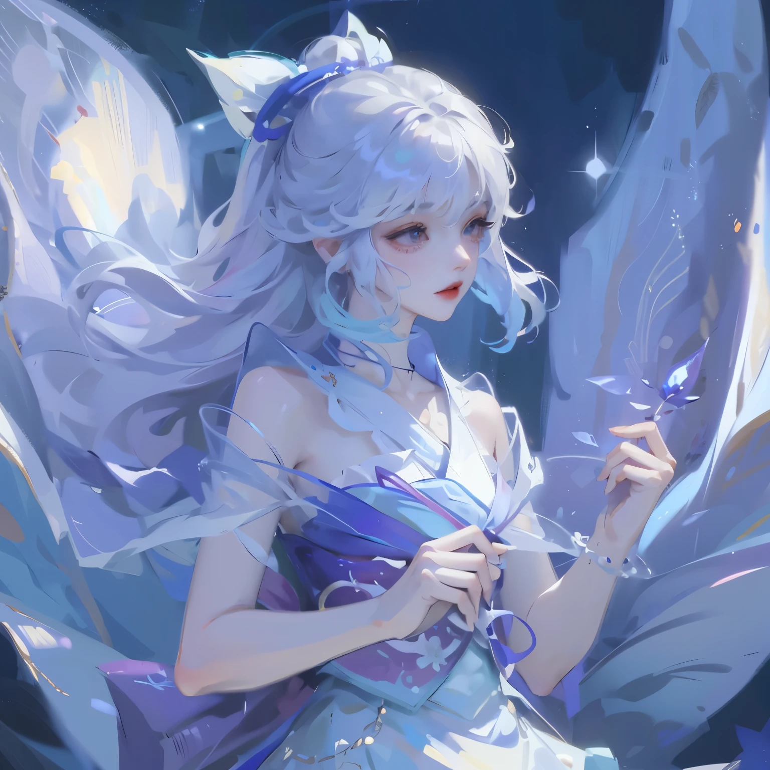 1 girl,Shimizu,Blue Butterfly,Pure white gauze skirt,shiny,Upper body close-up