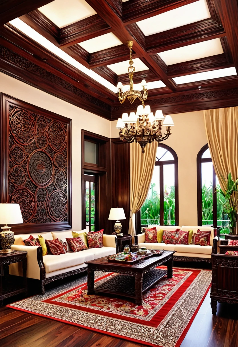 A beautiful living room made of rosewood decor design, intricate patterns,