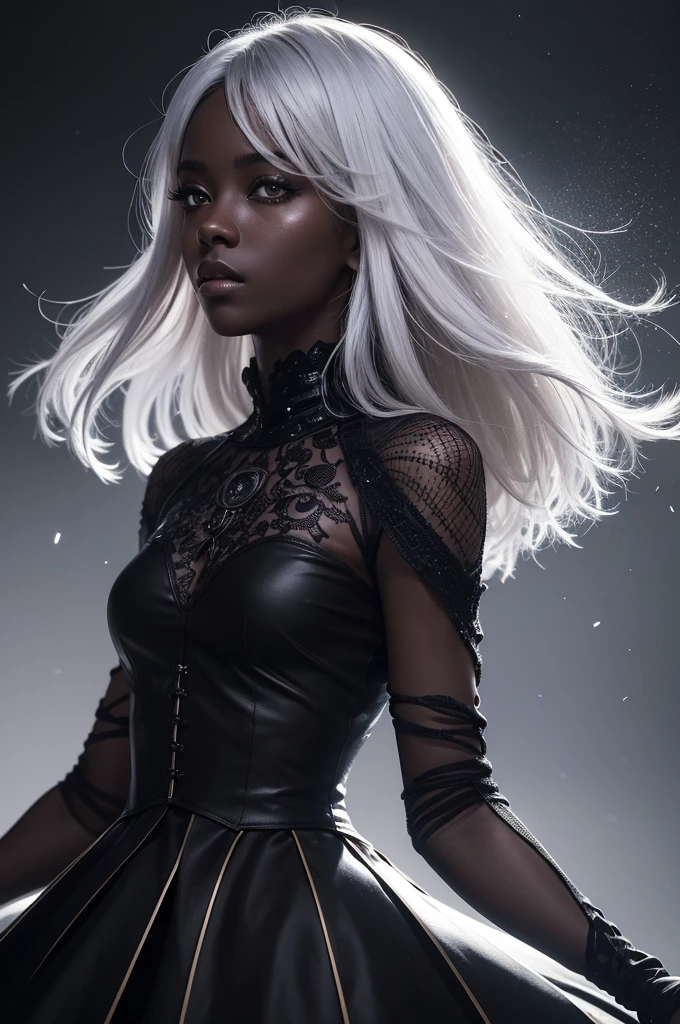 (work of art, best qualityer, ultra detali, best shade), (detailed back ground,black fantasy), (beautifull detailed face), hight contrast, (better lighting, extremely delicate and beautiful), ((cinematic light)), colorfully, hyper detail, dramatic light, details Intricate, (1 girl, standing alone,White hair, sharpy face,dark eyes, shorth hair,darkskin), blood splatters, spinning black light ,magic circle,