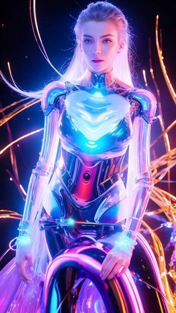 a image of a woman wearing colorful robot tech, in the style of free-flowing surrealism, shiny/glossy, precise and lifelike, hard surface modeling, precisionist lines, light silver and azure, engineering/construction and design,Luminous headphones, Luminous hair accessories, long hair, Luminous earrings, glow necklace, cyberpunk,transparent clothes