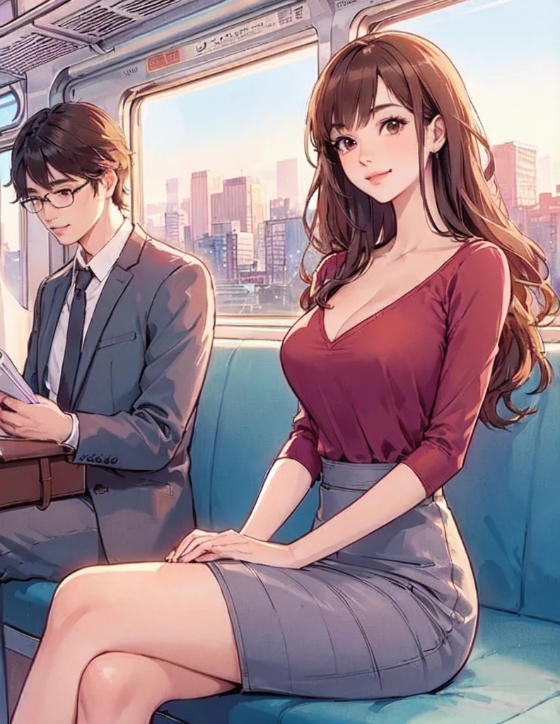 1lady solo, (sitting on train seat), (crossed legs), (stylish outfit), mature female, /(brown hair/) bangs, light smile, (masterpiece best quality:1.2) delicate illustration ultra-detailed, large breasts BREAK (train indoors), window cityscape, detailed background