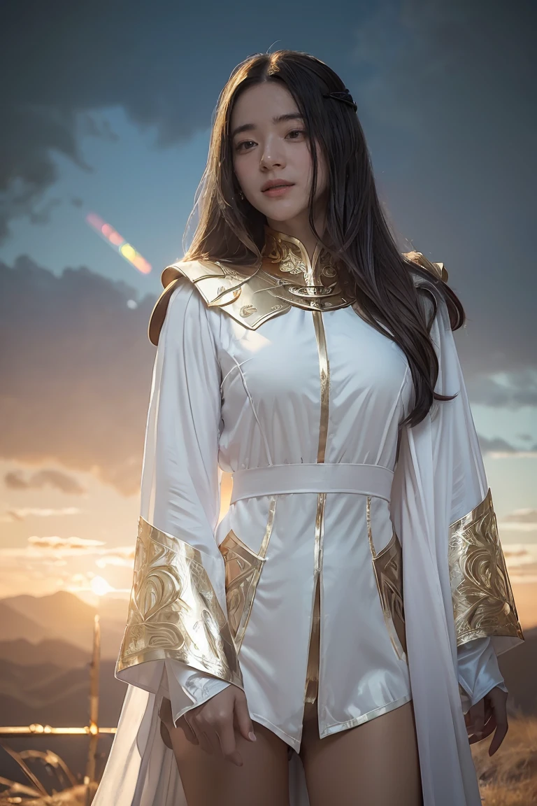 ((masterpiece, best quality, extremely detailed), volumetric lighting, ambient occlusion, colorful, glowing), 1girl, solo, young girl, (dark hair), long hair, ranger suit, hunter class dnd, cloak, (white outfit with gold detailst:1.3), armor, outdoors, sunset, sky, clouds, space, (fantasy theme:1.2),