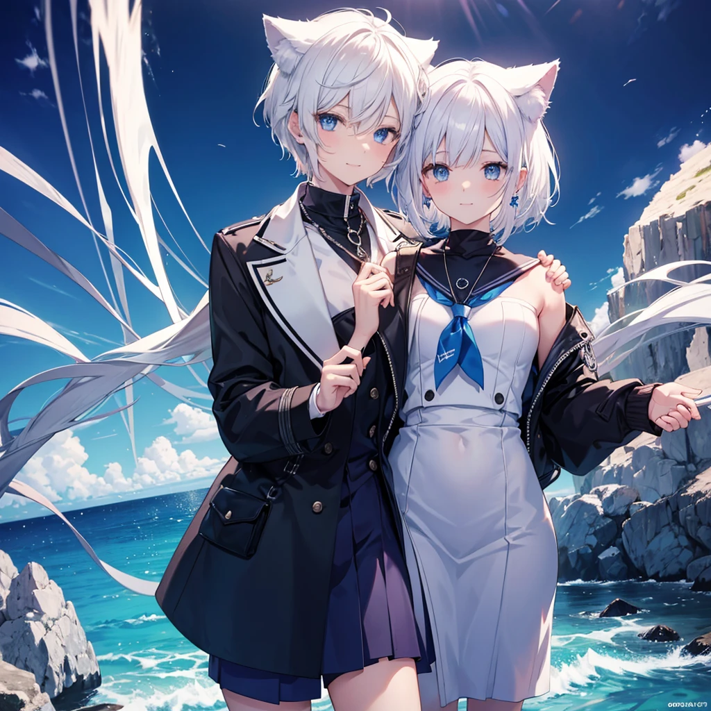 White Hair blue eyes short hair Have student Cat ear nice Blue Earrings necklace gloves beauty thin Sailor suit Put on a black coat Fantasy smile coastal sunset Fluffy hair
