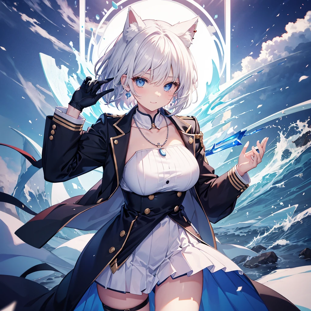 White Hair blue eyes short hair Have student Cat ear nice Blue Earrings necklace gloves beauty thin Sailor suit Put on a black coat Fantasy smile coastal sunset Fluffy hair