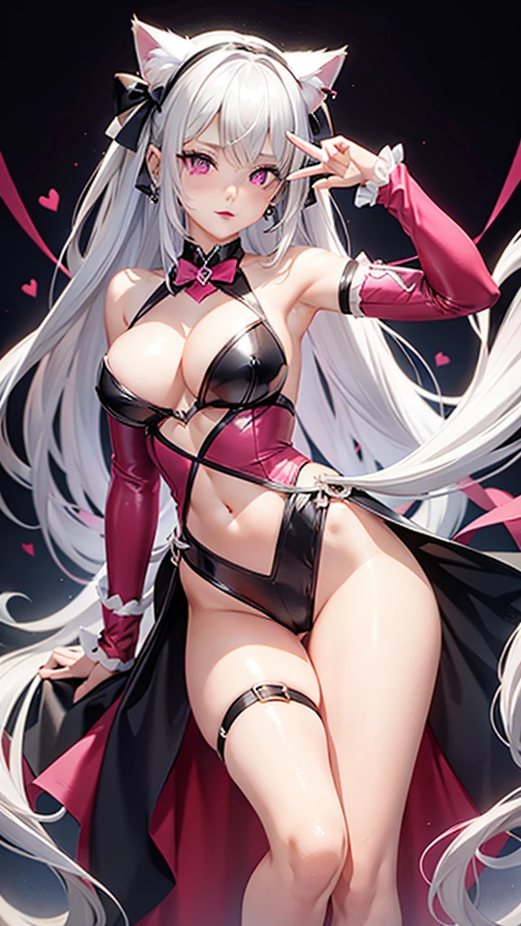 Silver hair, pink eyes, body, cat ears, sexy girl, earrings, heart background fantasy, red uniform, hair bow