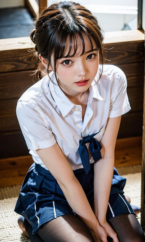 Urzan-6500-v1.1, (RAW Photos:1.2), (Photo - Real,:1.4), ((Take a photo with the camera from above、look up、Looking into the camera、Camera view from above、Take a photo from above))Beautiful detailed girl, Very detailedな目と顔, Beautiful attention to detail, Ridiculous, 信じられないほどRidiculous, Large file size, Very detailedな, High resolution, Very detailed, Highest quality, Masterpiece、, Kemomimi, ((Japanese high school girls uniform)), An illustration, Very detailed, That too, Unite, 8K Wallpaper, wonderful, Fine details, Masterpiece、, Highest quality, Very detailedなThat tooユニフォーム8K Wallpaper, Light on the face、Cinema Lighting、18 year old girl、((No panties))、((Dynamic pose)))、(Camel Toe)、(half)、(pantyhose、、、、、、)、(Sit with your knees bent))、Short Hair、Short Hair、Long neck、Listen carefully、bangs、Enlarge your eyes、Eyelashes、cute、Very cute big breasts