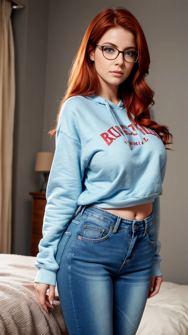 single focus lens, face is realistic, sensual woman, photographed, red hair, ice blue eyes, voluptuous big buttocks, narrow waist, beautiful breasts, (simple sweatshirt and denim jeans:1.2), in a bedroom, with glasses