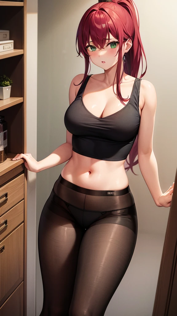 1girl, underwear, tight shirt, lingerie, big chest, green eyes, long torso, red hair, ponytail, shiny skin, reaching at the top of a cupboard