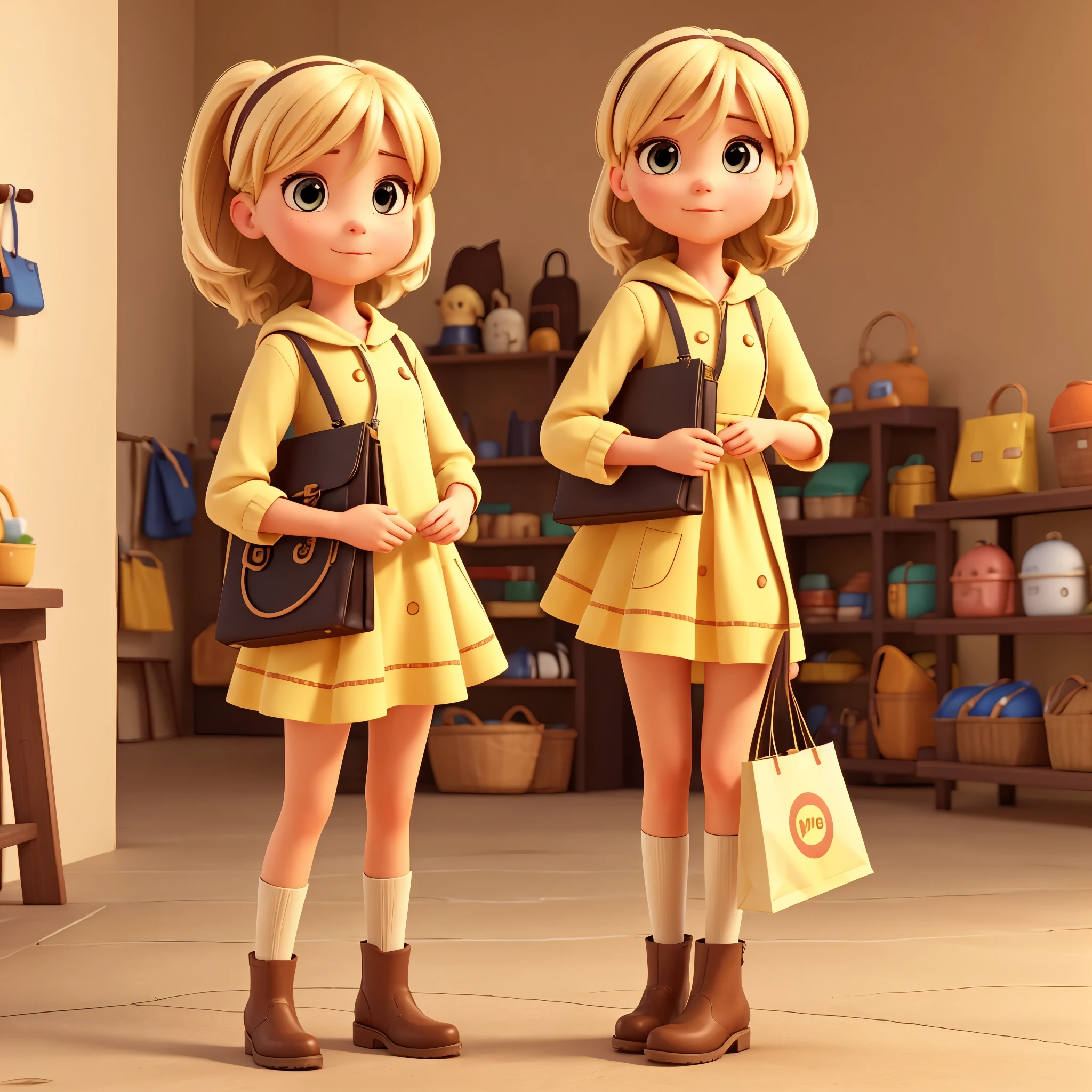 I want to create a cute character that looks like a person holding shopping bags, wearing a yellow dress and brown boots.. I want a minimalist background that resembles a virtual environment . It should look like it is offering a virtual product. I want light blonde hair. I want her to appear only once in the same image and in one image she has her face very front, centered and close up and another one is further away