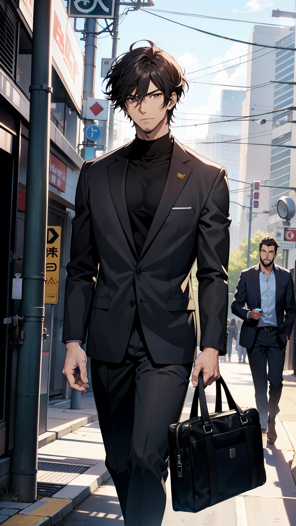 An organizer,television, He was nearby, Anime handsome man, Looking at the audience, high resolution, Super sharp, 8K, masterpiece,Running to the bus with a briefcase under my arm