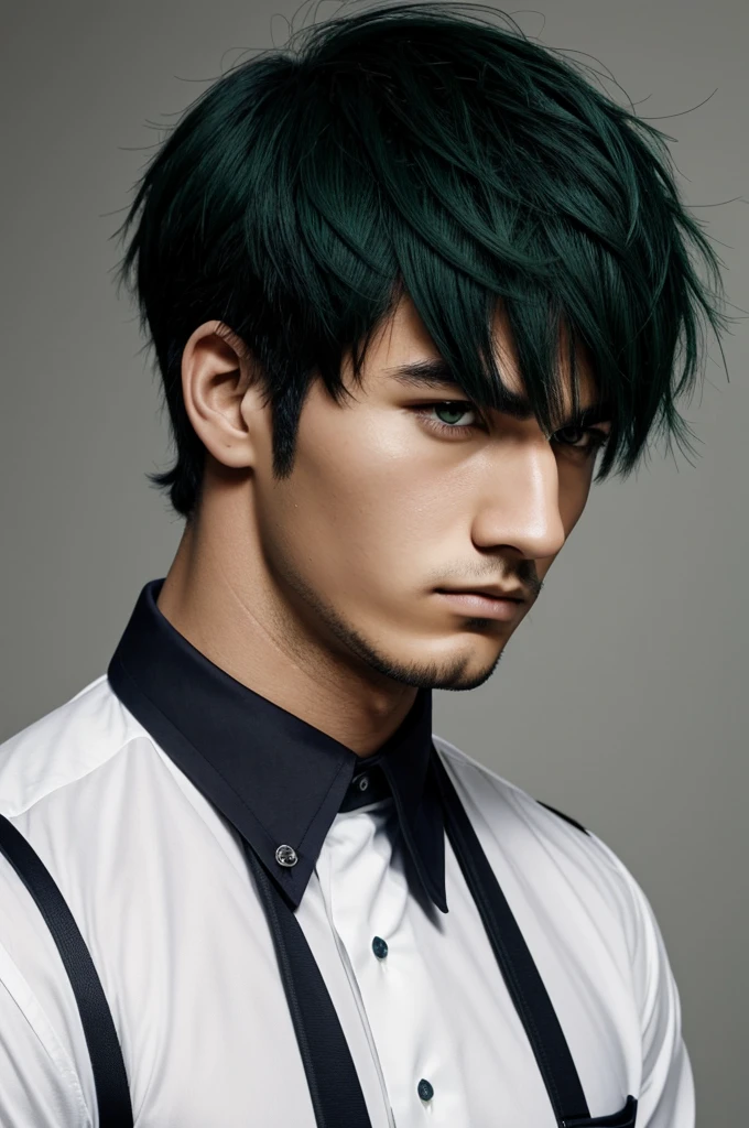 anime man, with dark eyes, black collared shirt, navy green hair, serious face, cut "Wolfcut" and with white background