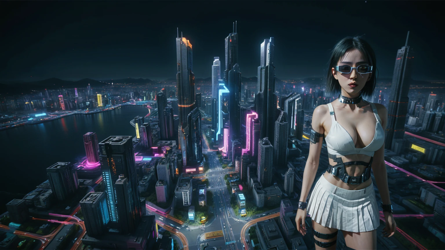 Cyberpunk female plagiarist immersed in digital theft, neon-lit alias within a vast online labyrinth, grotesque grunge brushing into surrealism, illuminated by kaleidoscopic volumetric light, a detailed masterpiece reminiscent of Moebius' distinctive style, deep focus, heightened depth field, psychedelic undertones amplified in a cinematic shot, (((((aerial view of cyberpunk city at night))))), (((((1girl, solo, alone))))), photo realistic, (((((large-breast:1.4 slim body, cleavage:1.4))))), (((off broken mini sling-shirt and black sling bra, (((extreamly short white pleated miniskirt, micro panty)))))), (((((running pose))))), (((((((matrix style black micro sunglasses))))))), ((((((((((aiming with a short gun)))))))))), (((((looking at camera))))), (((very low view))), (((((half-body thigh level medium shot))))), (((cinematic lighting))).