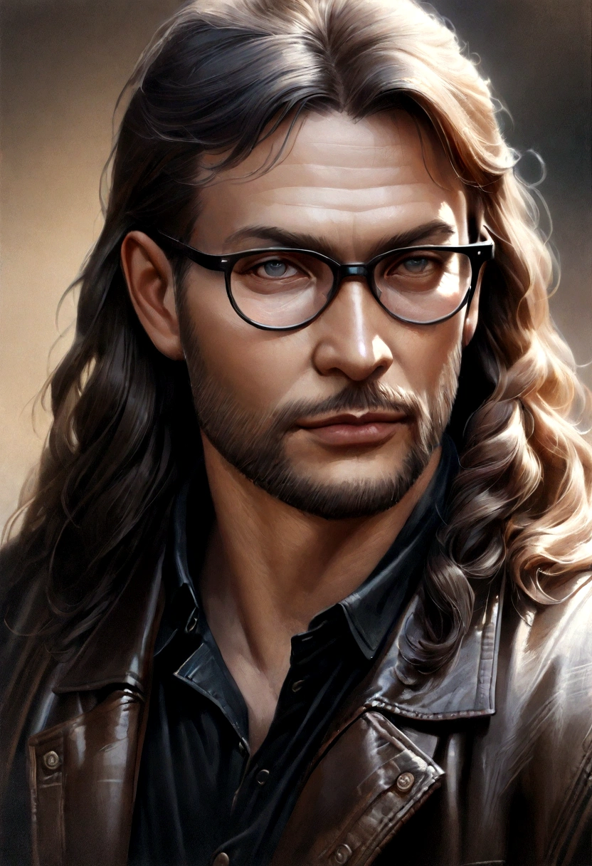 (best quality,4K,8K,High resolution,Masterpiece:1.2),Very detailed,(realistic,photorealistic,photo-realistic:1.37),39 year old man,Beard 3 days,Beautiful anime,Portrait,strong,Be a man,dark hair,Sharp jaw,blue eyes, charming eyes,Perfect Hairstyle,Cool anime outfit,confident expression,bright colors,dynamic light, gray eyes, (black shirt, glasses on face)