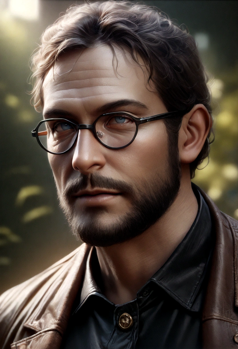 (best quality,4K,8K,High resolution,Masterpiece:1.2),Very detailed,(realistic,photorealistic,photo-realistic:1.37),39 year old man,Beard 3 days,Beautiful anime,Portrait,strong,Be a man,dark hair,Sharp jaw,blue eyes, charming eyes,Perfect Hairstyle,Cool anime outfit,confident expression,bright colors,dynamic light, gray eyes, (black shirt, glasses on face)