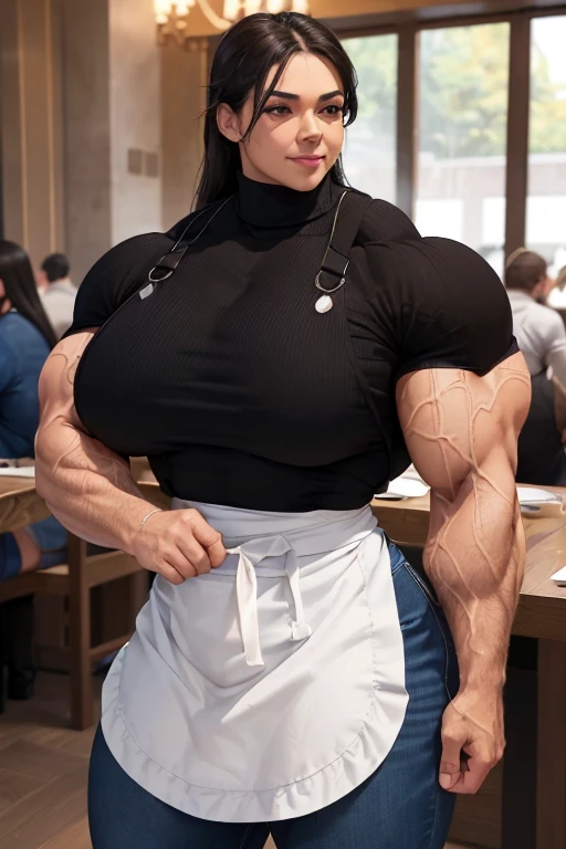 ((((Massive beautiful, buff, bulky, light brown skinned muscular, female chef with black hair, ginormous bulky muscles, cooking and wearing black turtleneck sweater with a long apron and denim pants)))), close view, vascular, massive muscle, massive biceps, hyper muscle shoulders, vascular shoulders, hyper muscle triceps, (long straight hair), orange eyes, (denim pants), (high heel boots), sensual smile, (a long apron), (in a restaurant), at evening, Vascular arms, hyper vascular arm, hyper muscles arms, hyper muscle legs, massive buff arms