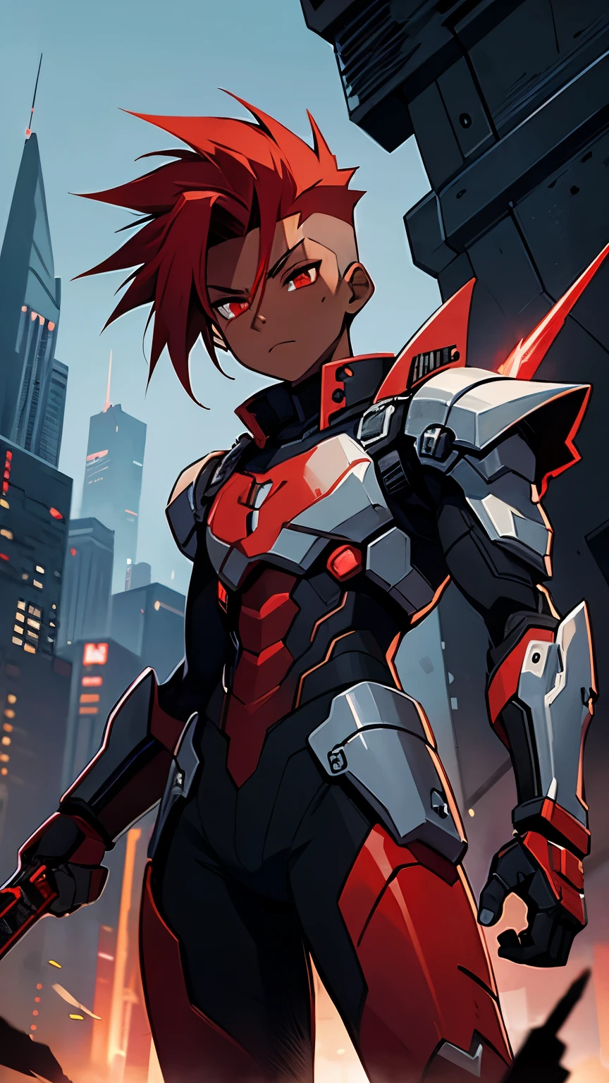 Young male, completely dark skin, red hair, mohawk hair, spiky hair, red eyes, black futuristic cybernetic armor, red cybernetic spear, in a cybernetic world at night