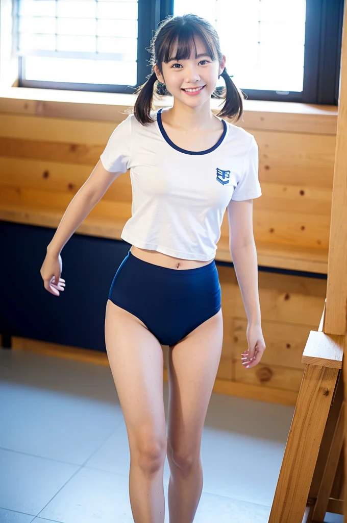 girls walking in sunny wooden school classroom,white plain t-shirt with blue trim,navy blue swimming briefs,18-year-old,bangs,a little smile,wiggle hips,thighs,knees,short hair with low pigtails bunches,from beside,front light