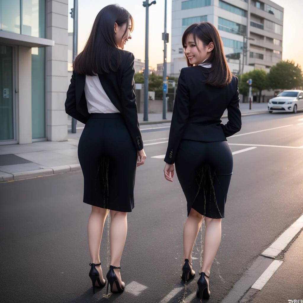 (realistic, photo-realistic:1.37), (masterpiece), (best quality:1.4), (ultra high res:1.2),(RAW photo:1.2), (sharp focus:1.3), (face focus:1.2), elegant, (full body:1.2), (1 girl wearing detailed pencil-skirt and suit-jacket:1.3), (office lady), professionattire, high heels, (33yo:1.1), (happy smile:1.3), (shine hair:1.3), [ponytail], BREAK,
(huge breast), scenery, (Beautiful Sunset background:1.2), from behind, backshot, bangs, beautiful detailed eyes, looking at viewer, (cute), (no makeup),
+LoRApeeing self, wetting her clothes, can't hold her pee face, wetting herself desperate, pee desperation pose, her body can't hold her pee and wets herself ultra desperate in the middle of the street in absolute desperation peeing herself, pee runing down her legs, standing up, hyper pee desperate face, big pee pudle