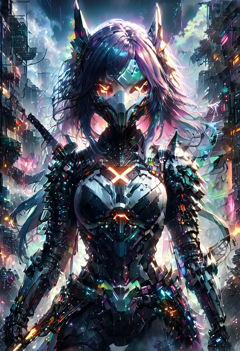 A cyberpunk girl with an x-shaped face mask, wearing futuristic mecha armor, holding a sword, 1girl, detailed facial features, intricate mecha design, cinematic lighting, dark sci-fi atmosphere, vivid colors, photorealistic, 8k, masterpiece, long tail hair, rainbow colored hair