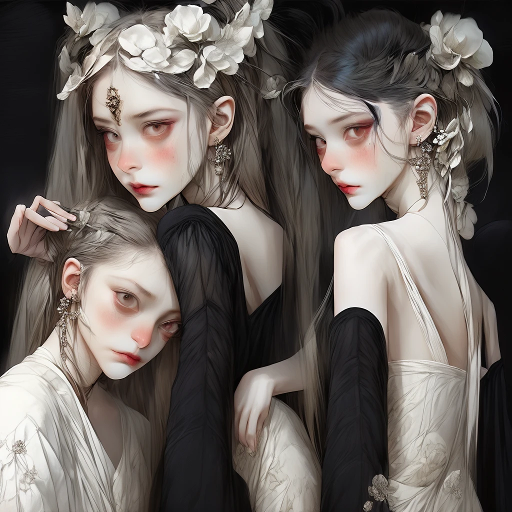 1 girl, punk, ear piercings, moles on face, mole under the eye, mole on cheeks, face and defined face, details, flores, black background similar to stained glass, long brown hair, hazel eyes, Women, punk, Goth, Art Nouveau, vampires, serene expression, mystical air