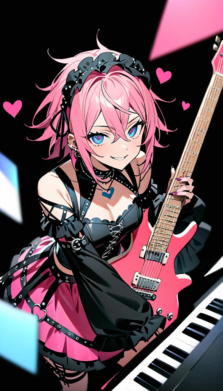 (((masterpiece,Highest quality))),(((A beautiful male anime crossdresser with long pink hair and blue eyes wearing a punk ta style visual kei outfit, holding a guitar))),((Standing behind a keyboard and holding a guitar)),(((Looking at me with a teasing smile,Heart mark in the eyes))),(((Black Background))),Focus on the whole body,(high quality),アニメ