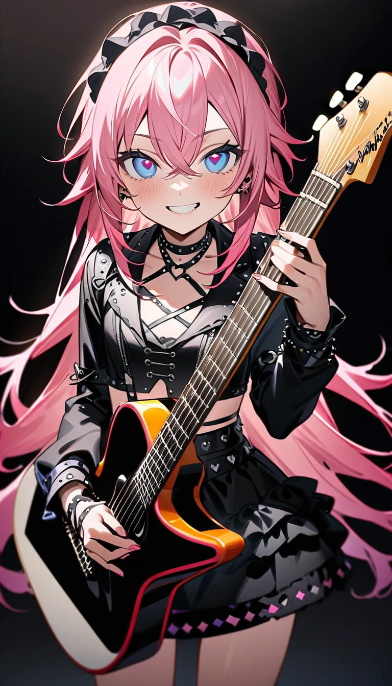 (((masterpiece,Highest quality))),(((A beautiful male anime crossdresser with long pink hair and blue eyes wearing a punk lolita style visual kei outfit, holding a guitar))),((Standing behind a keyboard and holding a guitar)),(((Looking at me with a teasing smile,Heart mark in the eyes))),(((Black Background))),Focus on the whole body,(high quality),アニメ