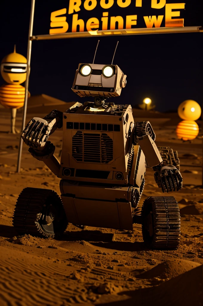 Dj robot wall-e playing in a desert at night with a skeleton in the background of a long-haired dj