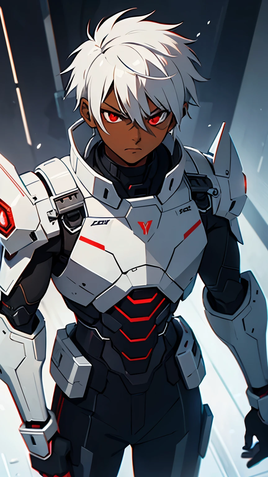 Young male, dark skin, white hair, slightly spiky hair, red eyes, gray futuristic cybernetic armor, cold expression, in a futuristic world
