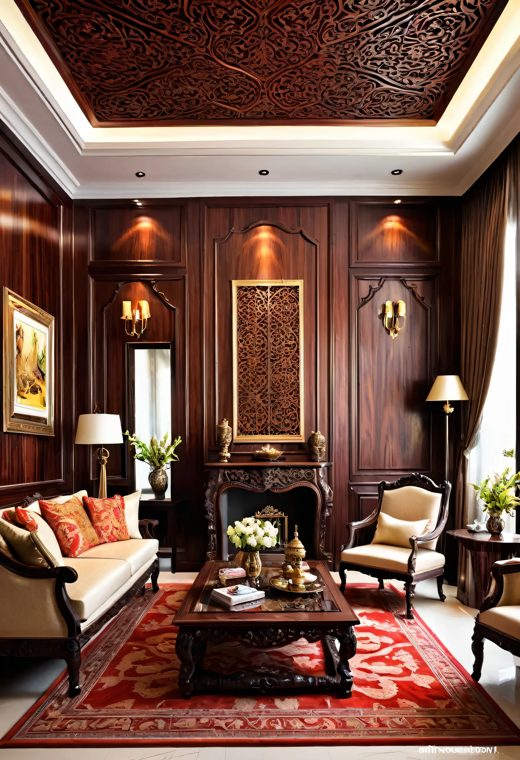 A beautiful living room made of rosewood decor design, intricate patterns,