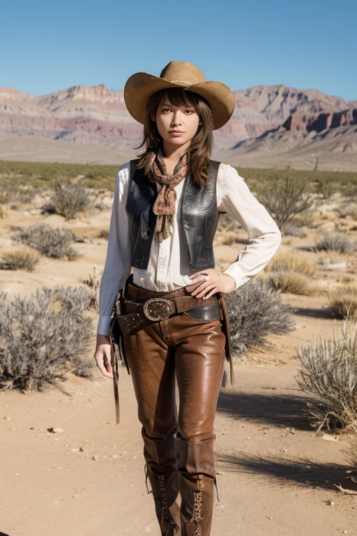 cowboy shot, cartridge belt with gun holster , Her has a handgun, Colt Peacemaker,  Full-body ,standing pose, Western style, America, Cowboy Dressed , Cowboy style Wear,  cowboy-hat, leather vests, bandanas, and cowboy boots, (Billy the ??? clothes) ,looking viewer,  ((Japanese girl )), 16 year old ,(middle hair, brown hair, fringe),(middle breasts, slender whist, middle hip, public hair), (masterpiece, highest quality, Very detailed, Ultra-high resolution, (photopractical:1.4), Original photo, (practical:0.2) ,　Colorado desert in the United States, noon