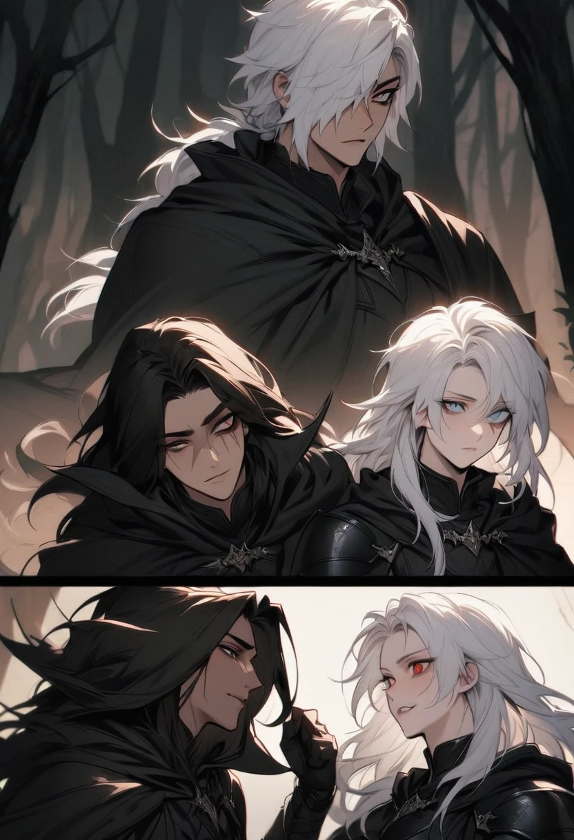 fantasy, whitehair, cat ear, tall, glove, handsome, villian face, odd eye, 21 yearold, wearing black leather armor, male, no ears, long hair curryyoung man ,Male Dark, dark Woods,Red & Black colors, rogue dnd, wear cape, hood, have scar