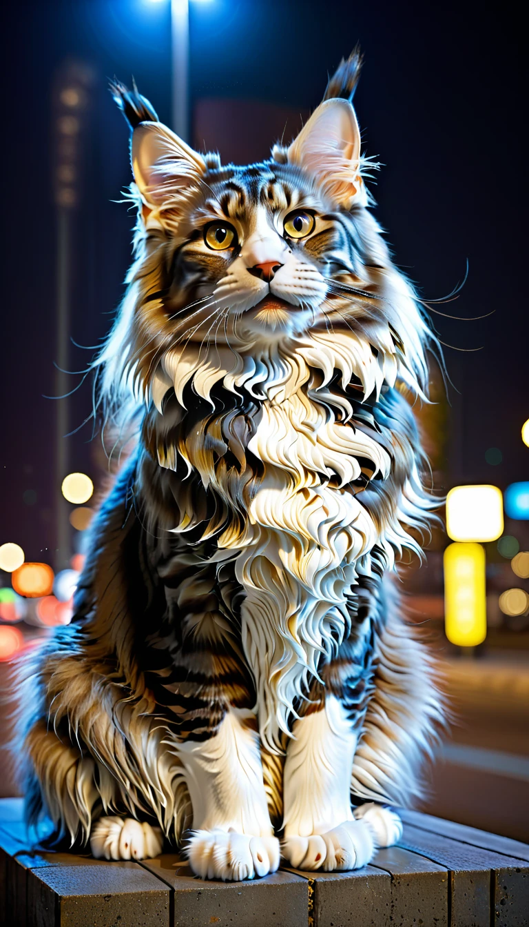 There is no one, realistic photo, photo realism, realism, maine coon (Maine Coon) cat, perfect composition, intricate details, Very sharp, masterpiece, profile, high resolution, full body photo in city night view